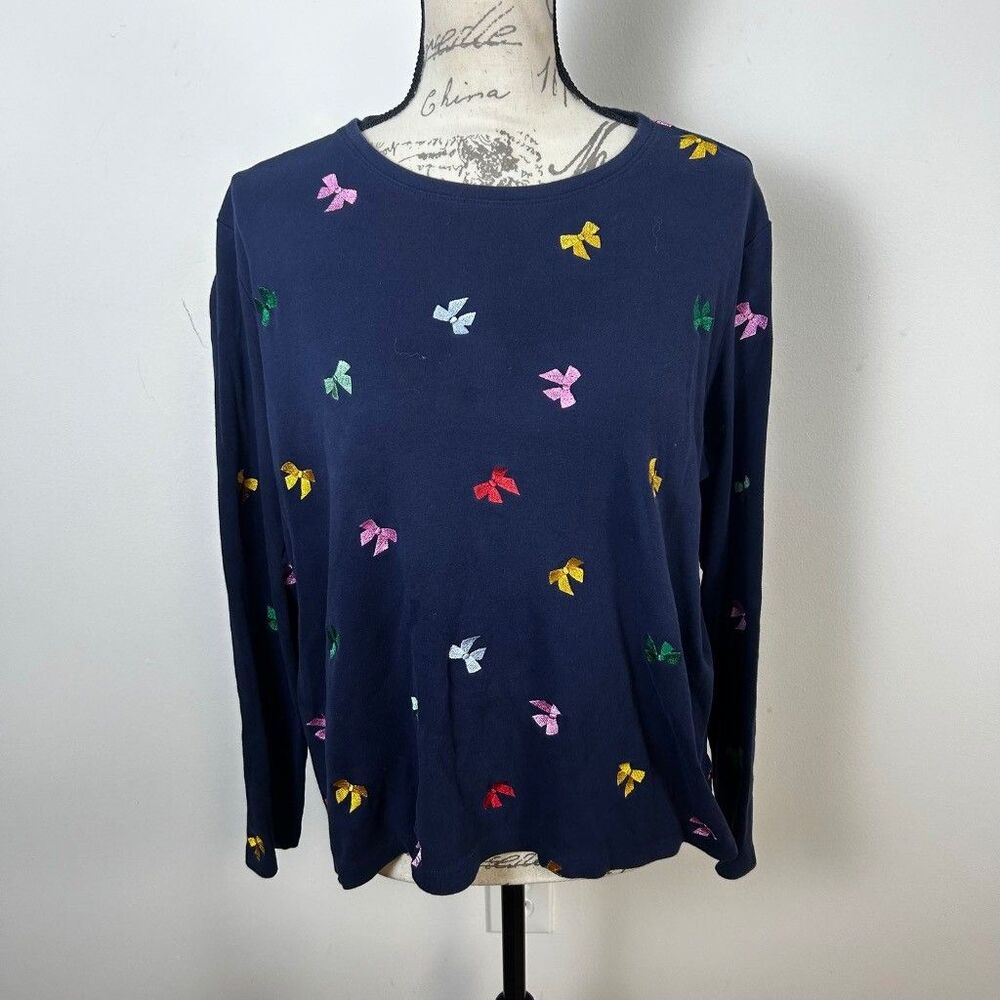 Kim Rogers Top Womens XL Navy Blue Knit Long Sleeve Embroidered Bows Cotton